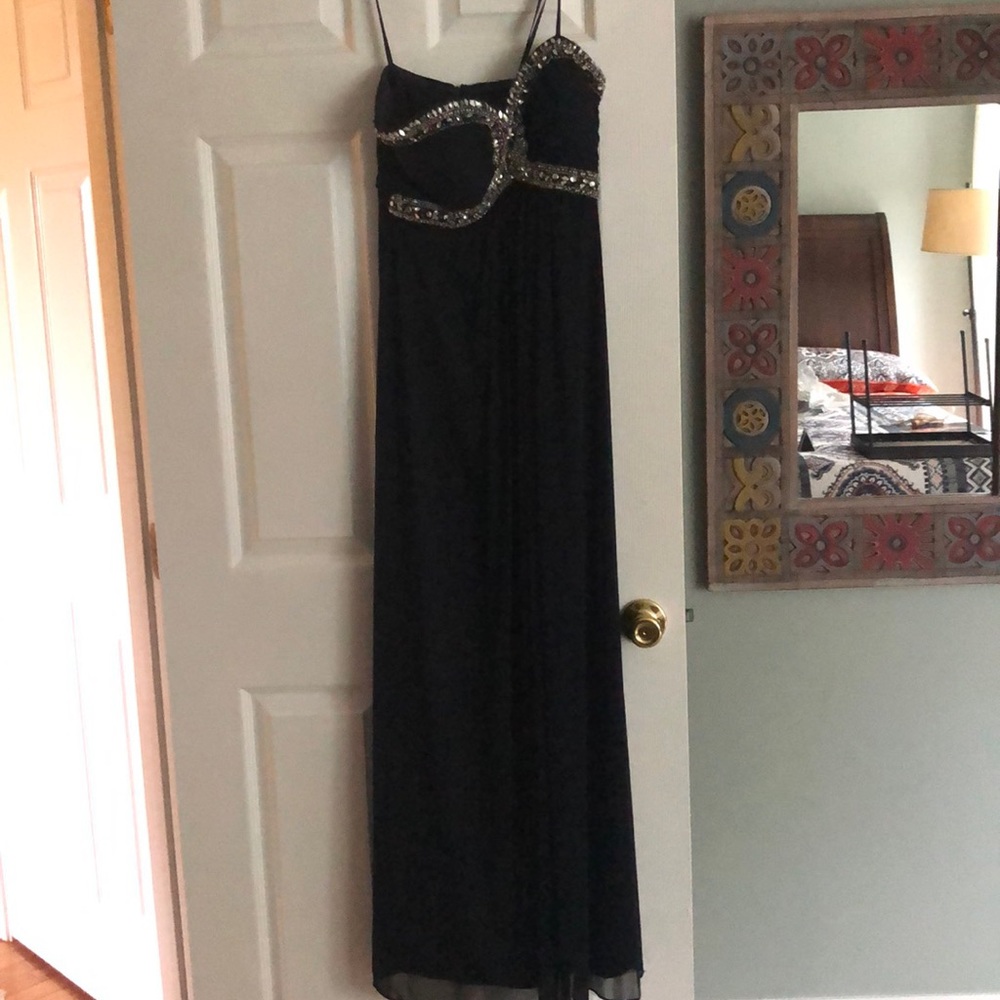 Strapless beaded navy blue evening gown